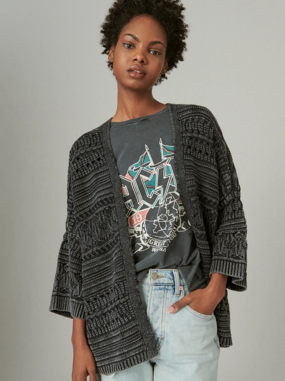 Lucky Brand Boho Crochet Charcoal Cardigan Open Knit Festival Size Medium